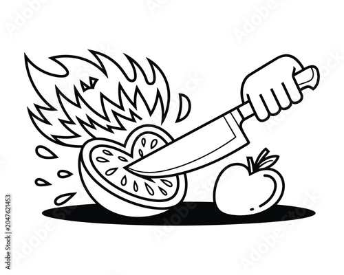 Drawing of a hand holding knife cutting through a sliced orange with fire and an apple