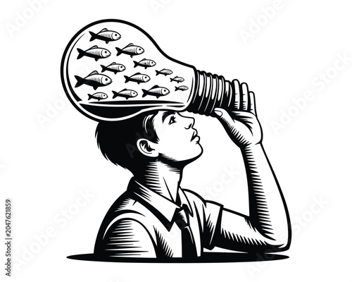 Man looking through light bulb with fish inside  creative concept