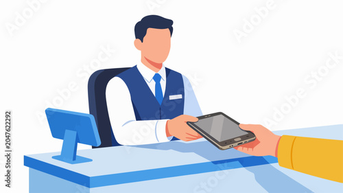 Businessman in suit holding a clipboard during a handshake in an office, smiling professional manager with technology and success vibe
