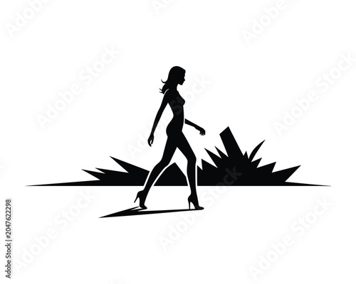 Silhouette of woman walking in front of abstract jagged shape