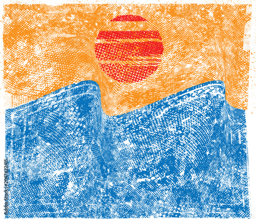 Canvas Print Ocean wave background in sunset with blue brush texture, summer sea banner ideal for surfing with copy space, artistic grunge design