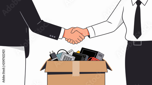 Business professionals shaking hands in office, businessman with briefcase and suitcase, concept of professional business deal and partnership