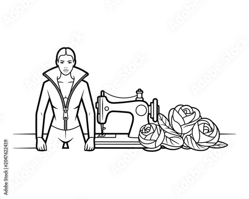 Woman standing next to sewing machine with roses on table