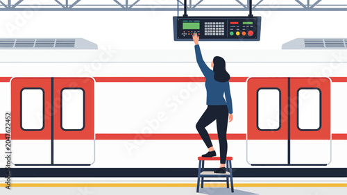 Train in motion and at station with passengers on platform in city railway transport scene subway metro commuter travel fast rail