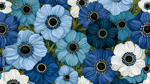 Blue anemone flowers seamless pattern. Elegant floral background with blooming poppy flowers and green leaves. Vector illustration for wallpaper, textile, wrapping paper.
