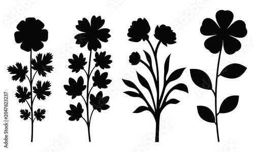 Set of black flower silhouettes with stems and leaves isolated on a white background.