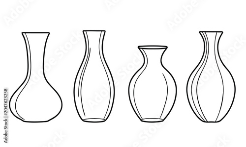 A set of four elegant minimalist outline ceramic vases and interior pottery isolated on a white background.