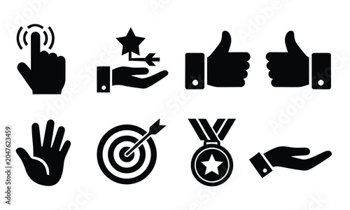 Business success and hand gestures icon set with thumbs-up, target, medal, and cursor symbols.