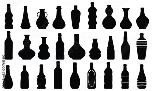 Large collection of black silhouettes of different bottles, jars, and ceramic vases isolated on a white background.