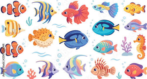 Foto Cute Tropical Fish Vector Cartoon Character Set with Colorful Sea Creatures, Clo