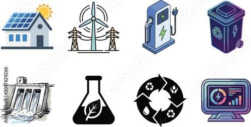 Foto Renewable energy and green technology vector icon set featuring solar house wind