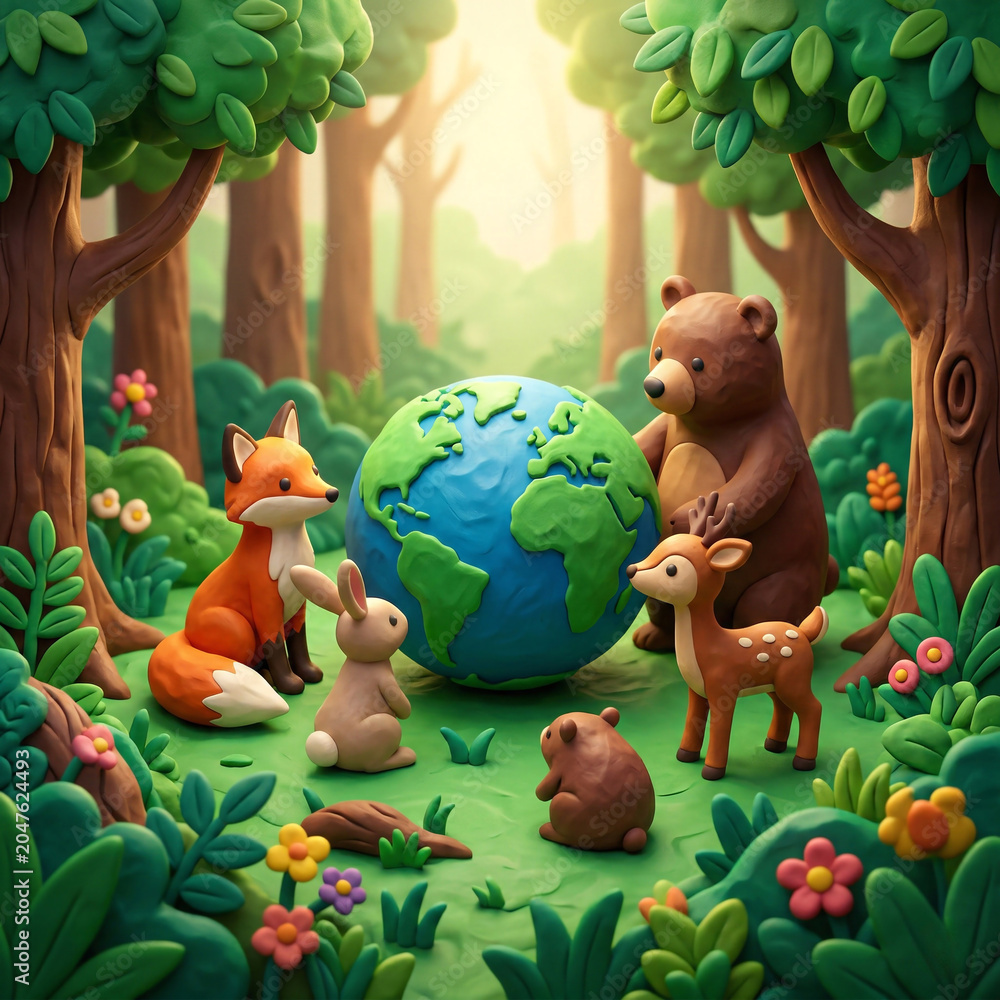 Naklejka premium Cute plasticine claymation forest animals gathering around the planet Earth globe in a sunny woods.