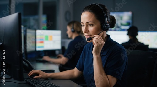 Female support operator answering service call in automotive dispatch center. Concept of roadside assistance, customer service, insurance support, repair booking and emergency coordination.