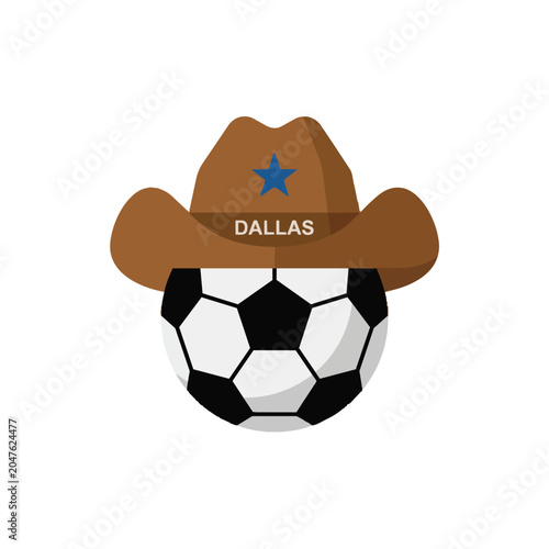 Dallas soccer vector illustration featuring a soccer ball wearing a brown cowboy hat with a blue star on a white background