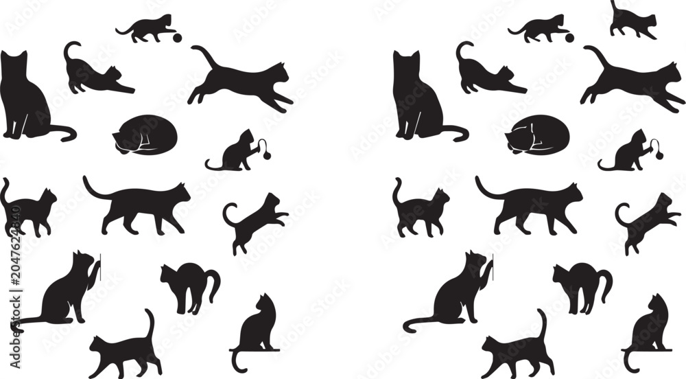 Fototapeta premium Large collection of black cat silhouettes in various playful active and sleeping poses isolated on white background