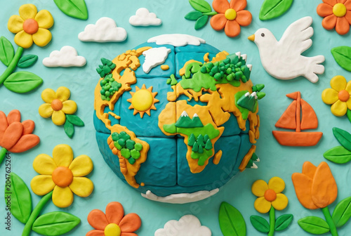 Colorful handmade plasticine globe surrounded by sculpted flowers and a white peace dove.