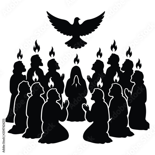 Bild auf Leinwand Group of people receiving holy spirit flames with dove illustration