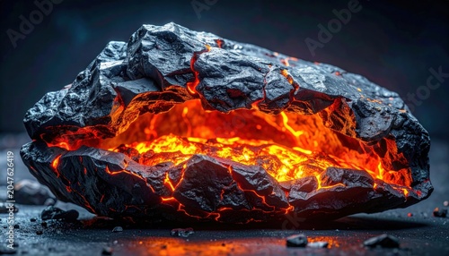 Glowing hot coal with fiery orange flames.