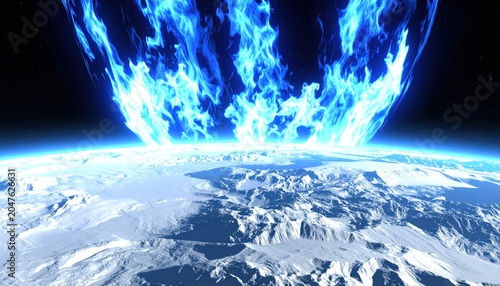 Glowing blue flames engulfing planet Earth.