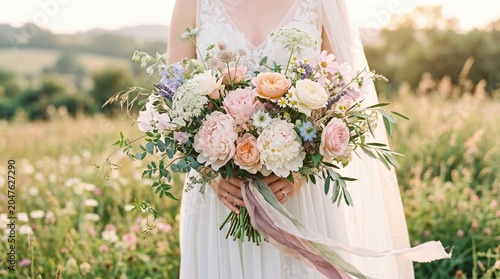dreamy wedding bouquet with wildflowers, peonies and garden roses, natural sunlight, soft romantic pastel palette, airy composition