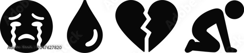 Foto Sadness icon set with crying face emoji tear drop broken heart and kneeling pers