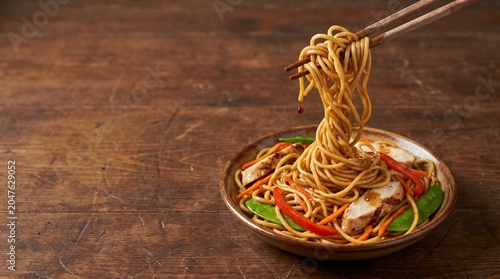 Chicken Lo Mein with Chopsticks Twisting Noodles Overhead, Asian Takeout Dish with Copy Space

