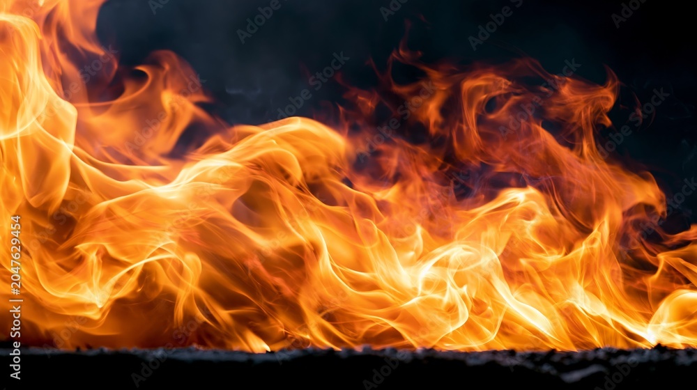 Fototapeta premium Close up shot capturing intense flames and glowing heat, displaying vibrant orange red energy and texture that depict strong, volatile combustion and dynamic movement