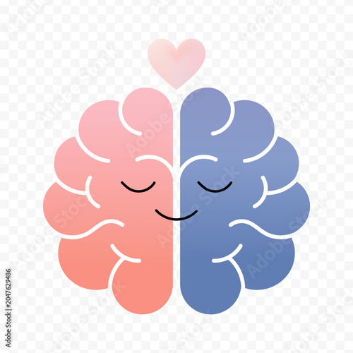 A cute cartoon illustration of a pink and blue brain with a heart on top, symbolizing love and friendship between two halves of the brain