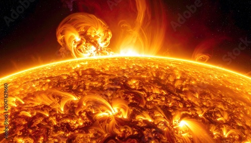 太陽の表面で渦巻く磁気嵐と巨大なフレアの噴出