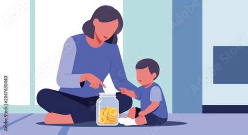 Flat style vector illustration of parent teaching child about saving money using coins and jar, financial education and parenting concept at home