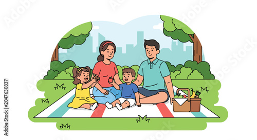 Flat style vector illustration of family having picnic in park with blanket and food basket, outdoor bonding and healthy lifestyle concept