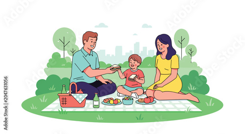 Flat style vector illustration of family having picnic in park with blanket and food basket, outdoor bonding and healthy lifestyle concept