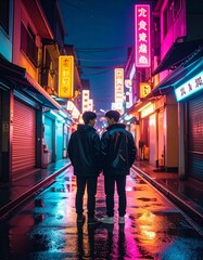 portrait of teenage friends standing under neon signs in a city alley 