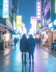 portrait of teenage friends standing under neon signs in a city alley 
