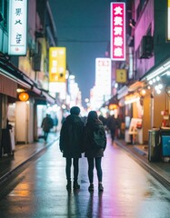 portrait of teenage friends standing under neon signs in a city alley 