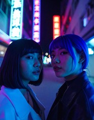 portrait of teenage friends standing under neon signs in a city alley 