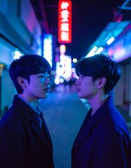 portrait of teenage friends standing under neon signs in a city alley 