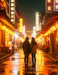 portrait of teenage friends standing under neon signs in a city alley 