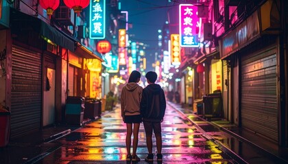 portrait of teenage friends standing under neon signs in a city alley 