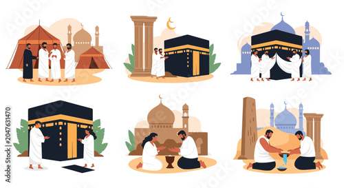 Informative set of illustrations showing pilgrims performing Hajj rituals such as praying, circling the Kaaba, and communal living.