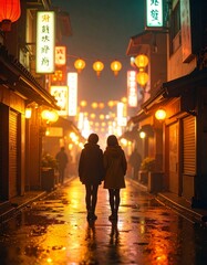 portrait of teenage friends standing under neon signs in a city alley 