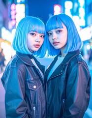 portrait of teenage friends standing under neon signs in a city alley 