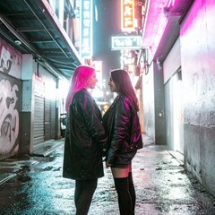 portrait of teenage friends standing under neon signs in a city alley 