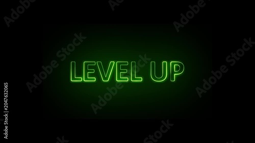 level up neon bright text font colorful 4k video animation. Neon level up sign and upper Level. game concept next level icon isolated on black background.
