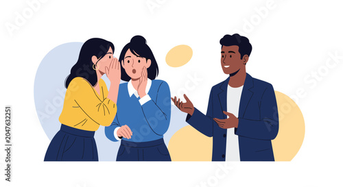 Interesting social situation showing two women whispering secrets and gossiping about a man who is standing nearby.