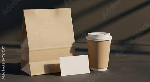 Paper bag, coffee cup, and business card mockup