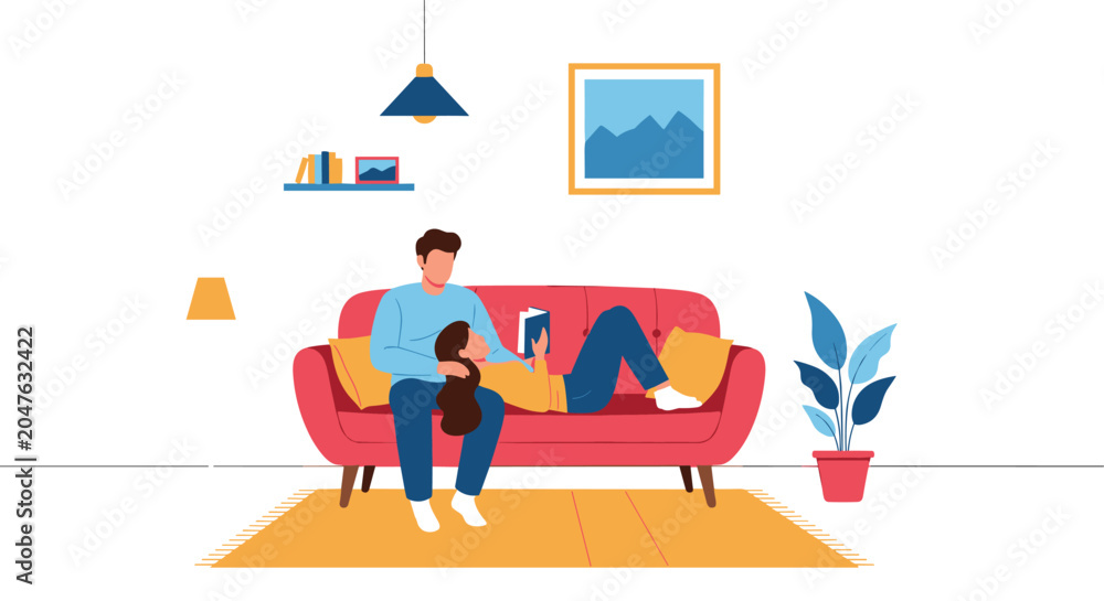 Obraz premium Relaxing home scene featuring a young couple sitting on a red sofa in a cozy living room with one person reading an interesting book.