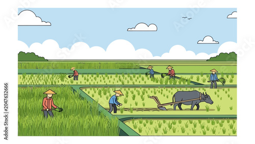 Asian Farmers Cultivating Rice Fields with Buffaloes