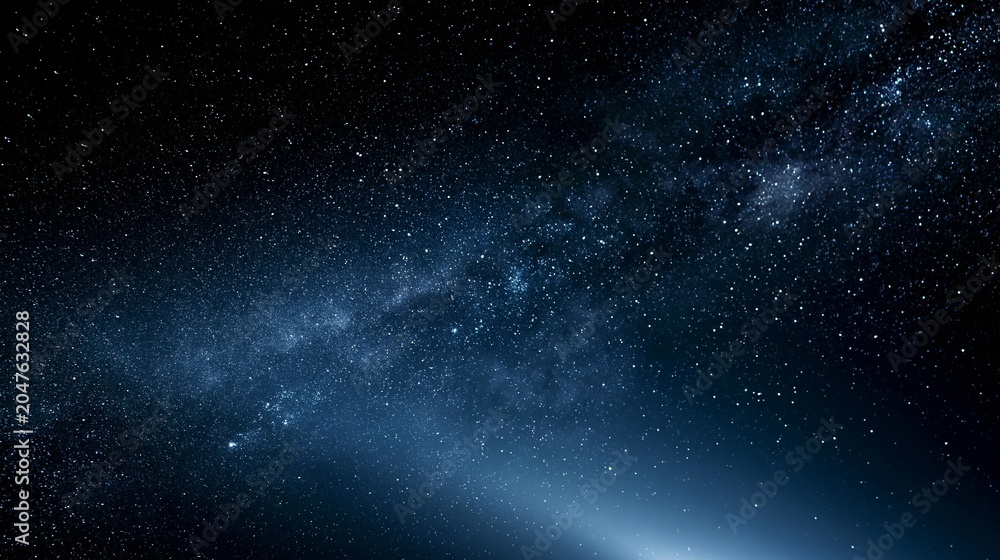 Obraz premium Stunning Milky Way panorama in deep blues and blacks, with glowing stardust, cosmic dust lanes and scattered twinkling stars forming a dreamy, infinite celestial background