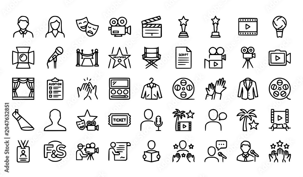 Fototapeta premium Actor Line Icons Collection with Theater Masks Stars Awards and Cinema Symbols Editable Stroke Vector Set